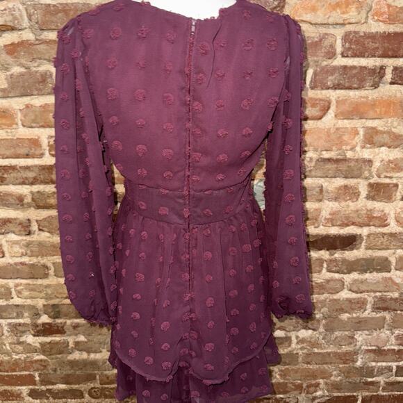 Speechless Dress Burgundy Size 7 Y2K Vibe Swiss Polka Dot Sheer sleeves Ruffles - Picture 5 of 12